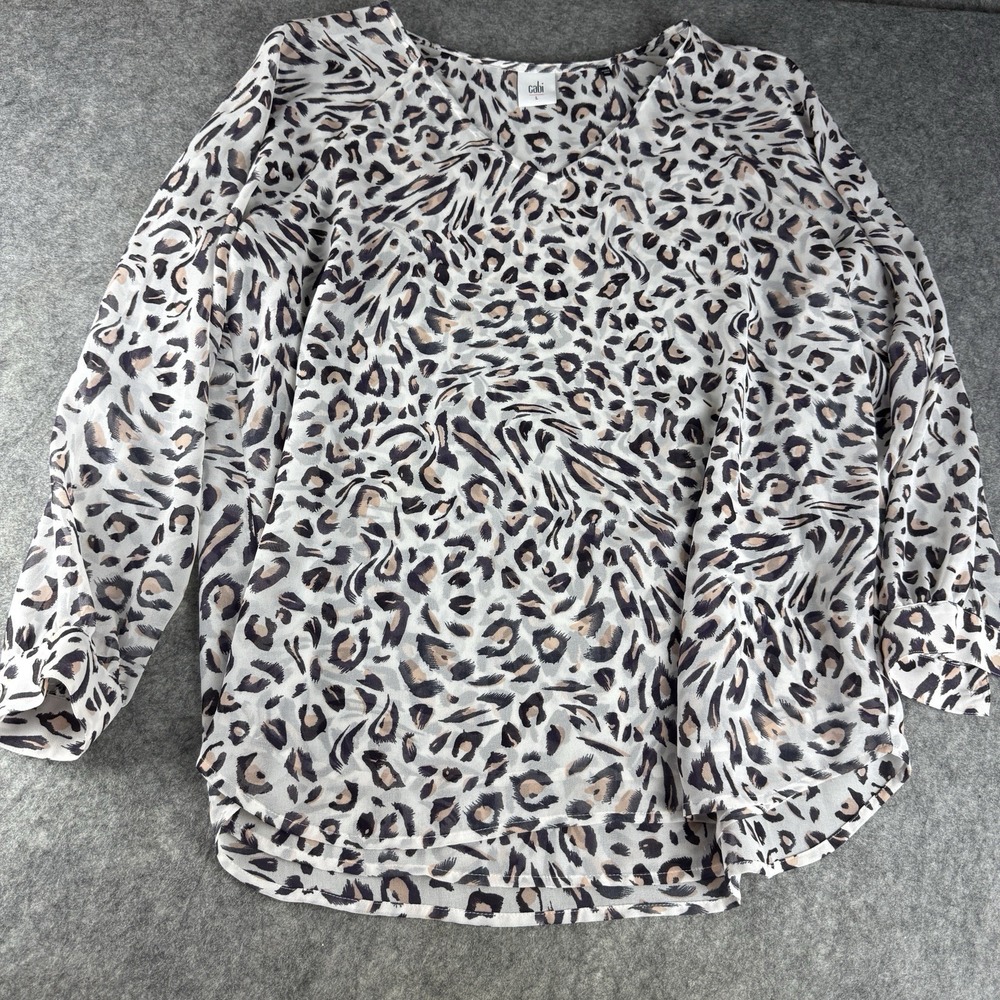 Cabi 5337 Womens White Sheer Gauzy Balloon‎ Sleeve Leopard Print Blouse Top Sz L